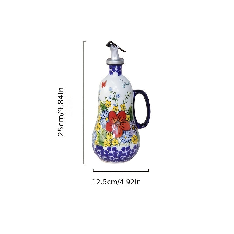 Handgefertigter Keramik-Ölspender mit Pumpengriff und Blumenmuster – 24x10 cm Küchenaccessoire für Olivenöl und Essig