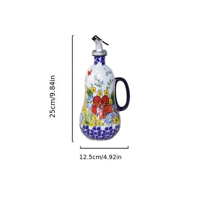 Handgefertigter Keramik-Ölspender mit Pumpengriff und Blumenmuster – 24x10 cm Küchenaccessoire für Olivenöl und Essig