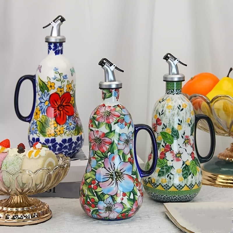Handgefertigter Keramik-Ölspender mit Pumpengriff und Blumenmuster – 24x10 cm Küchenaccessoire für Olivenöl und Essig