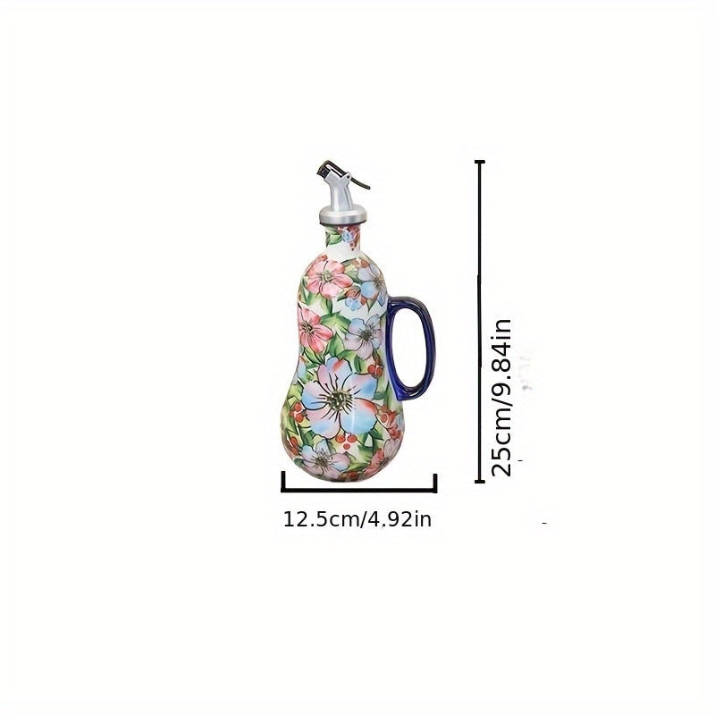 Handgefertigter Keramik-Ölspender mit Pumpengriff und Blumenmuster – 24x10 cm Küchenaccessoire für Olivenöl und Essig