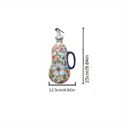 Handgefertigter Keramik-Ölspender mit Pumpengriff und Blumenmuster – 24x10 cm Küchenaccessoire für Olivenöl und Essig