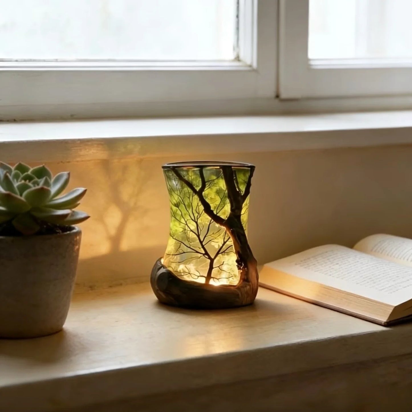 Nachtlicht Kerzenschein-Effekt aus Glas und Harz | Wald-Schattenprojektion Warmweiß | Batteriebetrieben ohne Kabel