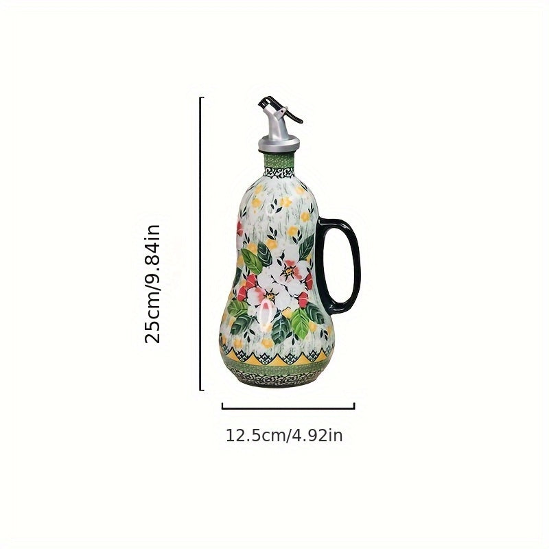 Handgefertigter Keramik-Ölspender mit Pumpengriff und Blumenmuster – 24x10 cm Küchenaccessoire für Olivenöl und Essig