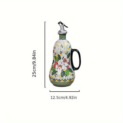 Handgefertigter Keramik-Ölspender mit Pumpengriff und Blumenmuster – 24x10 cm Küchenaccessoire für Olivenöl und Essig