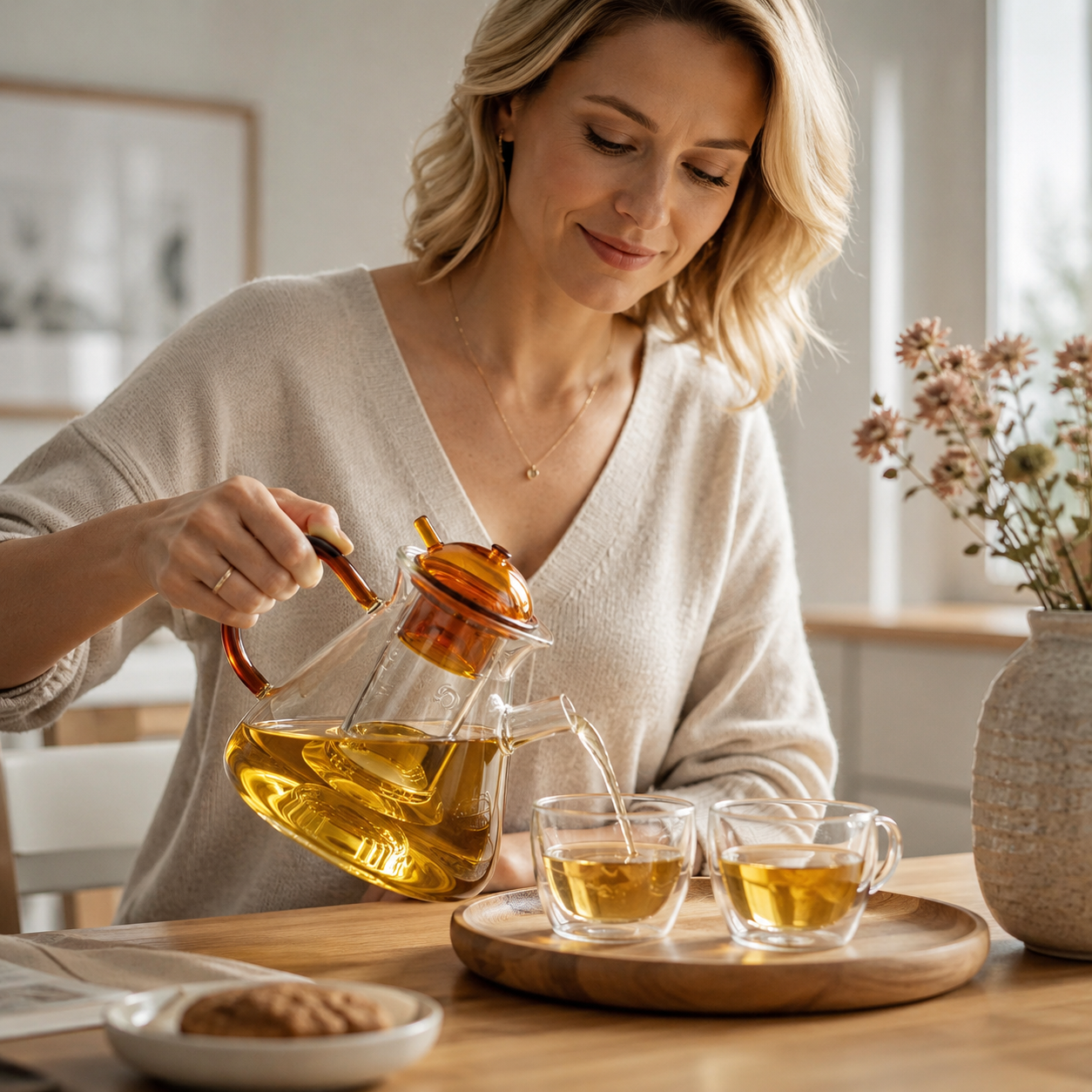Elegante Teekanne aus Borosilikatglas mit ergonomischem Griff und Sieb – Ideal für losen Tee und heiße Getränke, 1 Liter