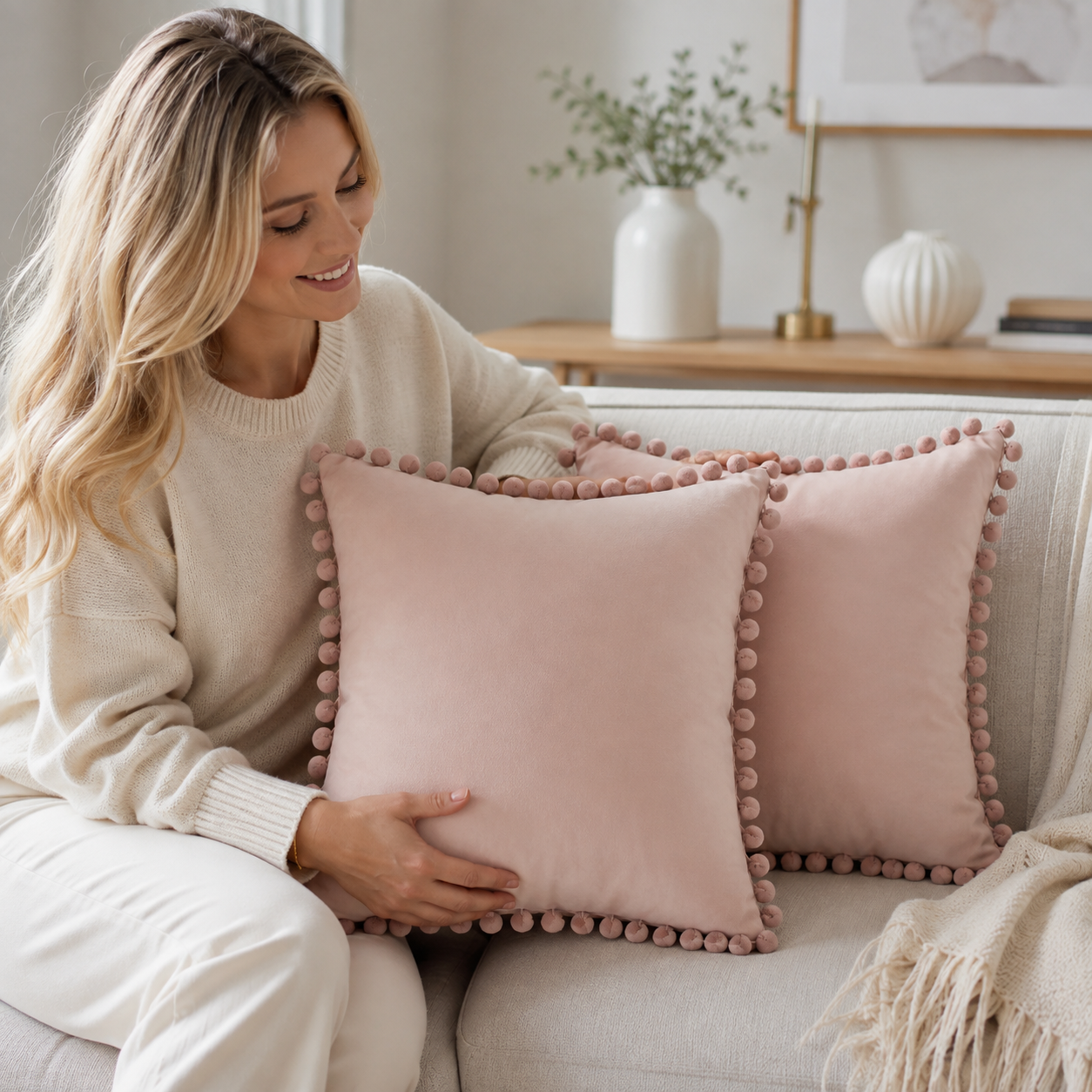 Dekorative Kissenbezüge aus Baumwolle 40x40 cm mit Pompon-Design – Weiche Kissenhüllen für Wohnzimmer und Schlafzimmer