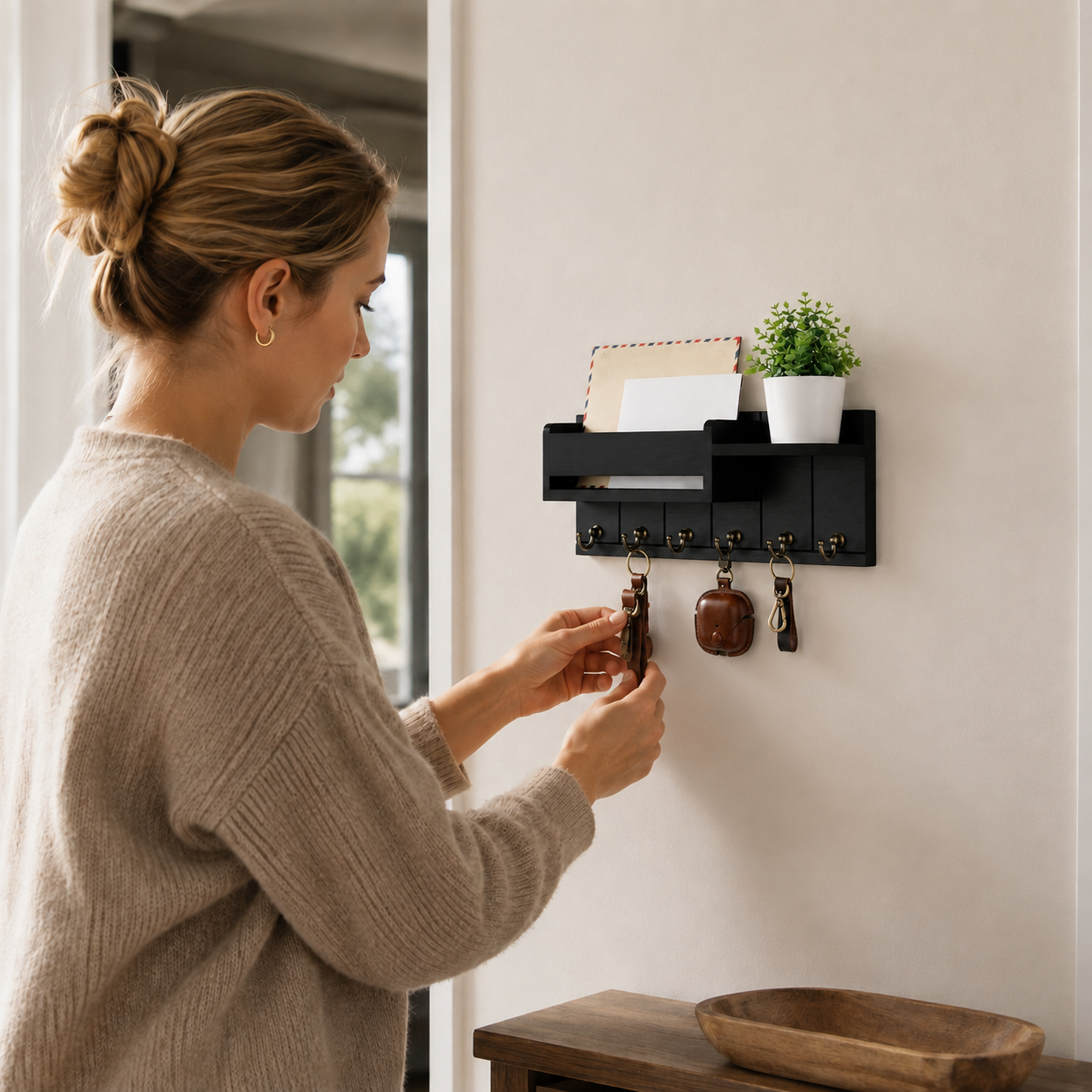 Rustikaler Schlüsselhalter aus Holz mit Post-Organizer und Schublade für die Wand – Ideal für Flur und Küche