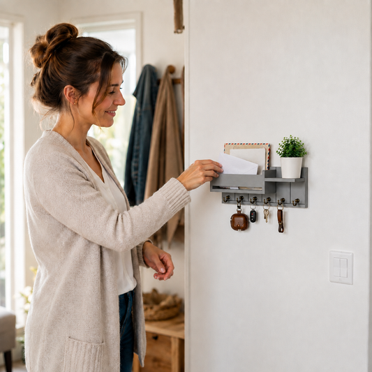 Rustikaler Schlüsselhalter aus Holz mit Post-Organizer und Schublade für die Wand – Ideal für Flur und Küche