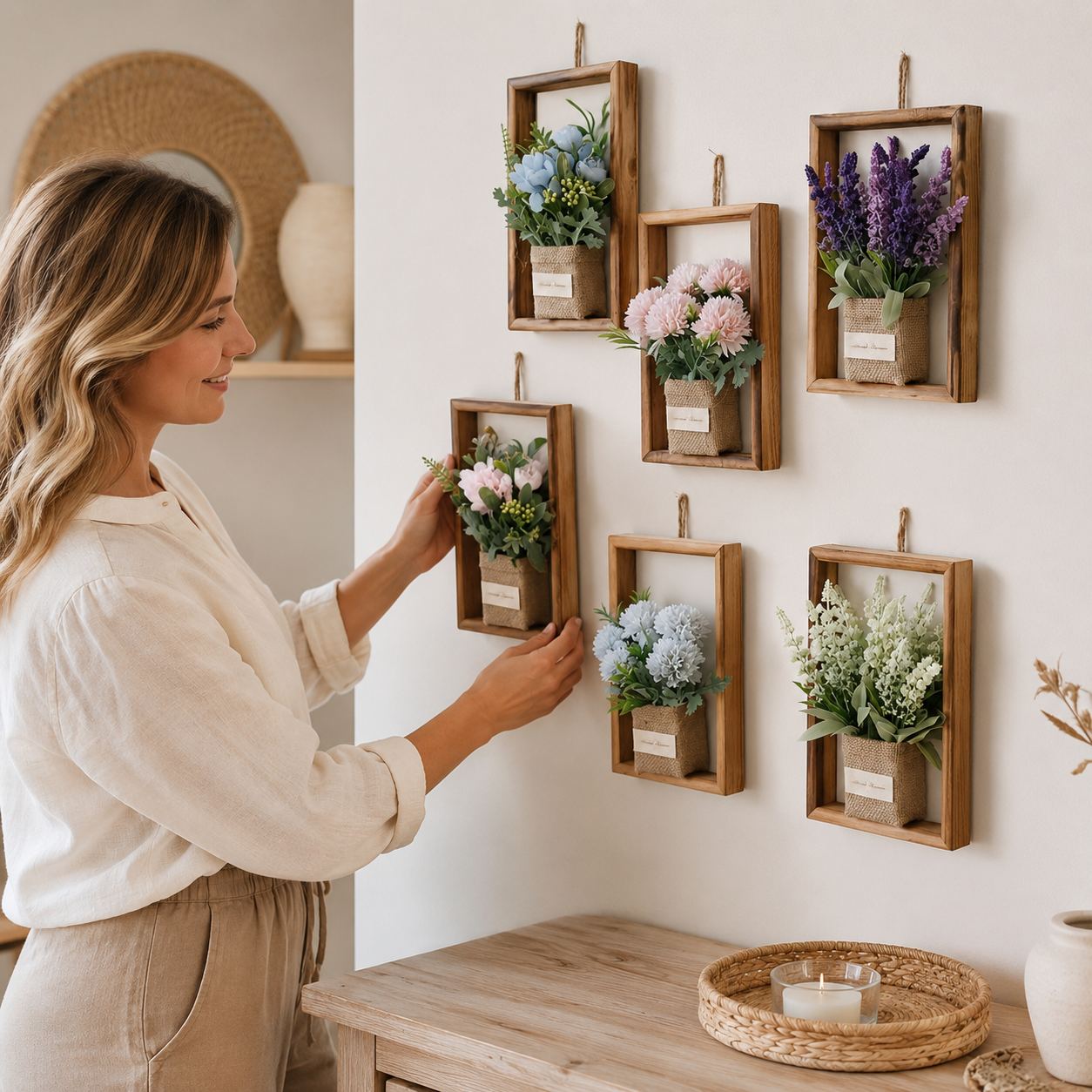 3D Blumen Wanddeko im Holzrahmen – Lebensechte Kunstblumen für Wohnzimmer und stilvolle Wanddekoration