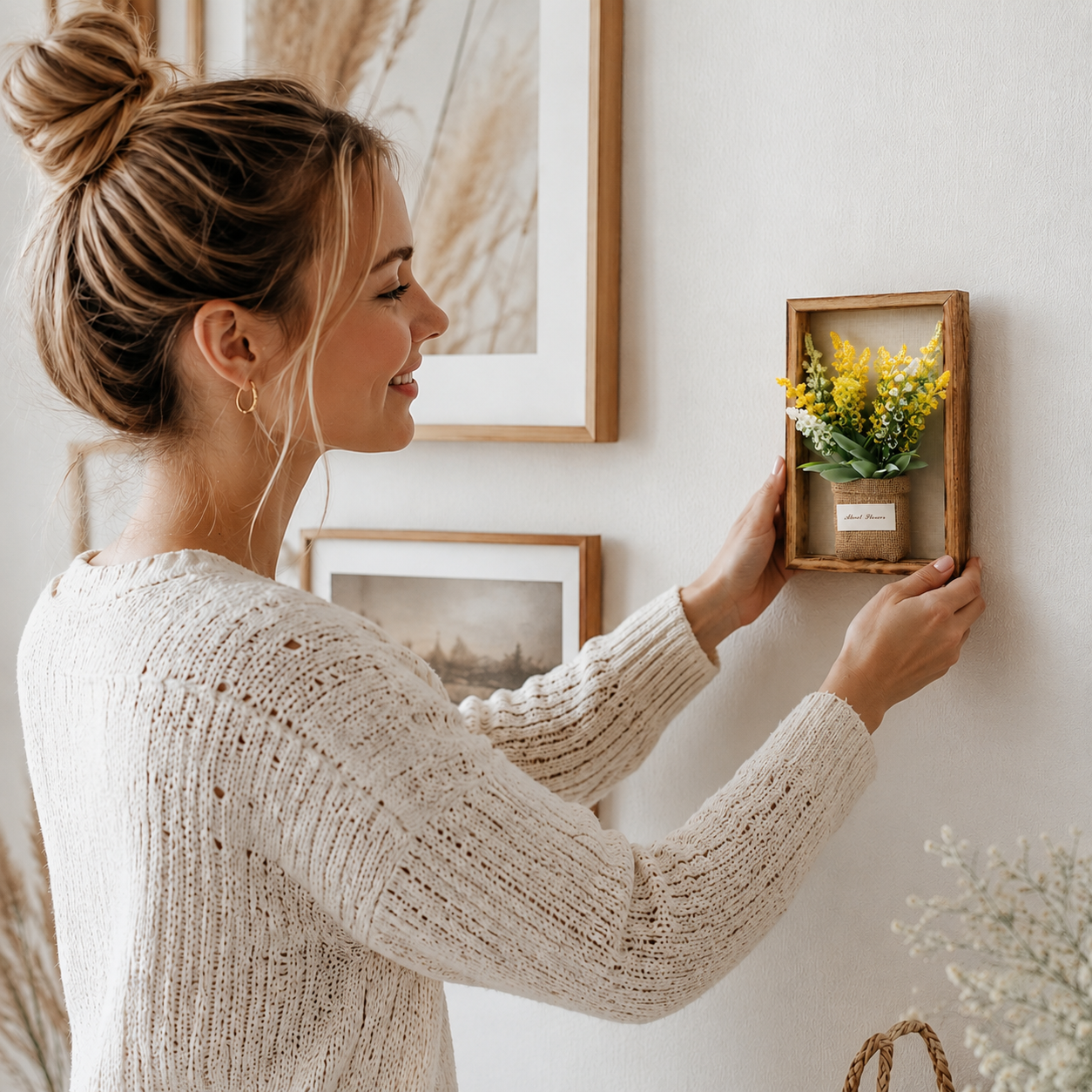 3D Blumen Wanddeko im Holzrahmen – Lebensechte Kunstblumen für Wohnzimmer und stilvolle Wanddekoration