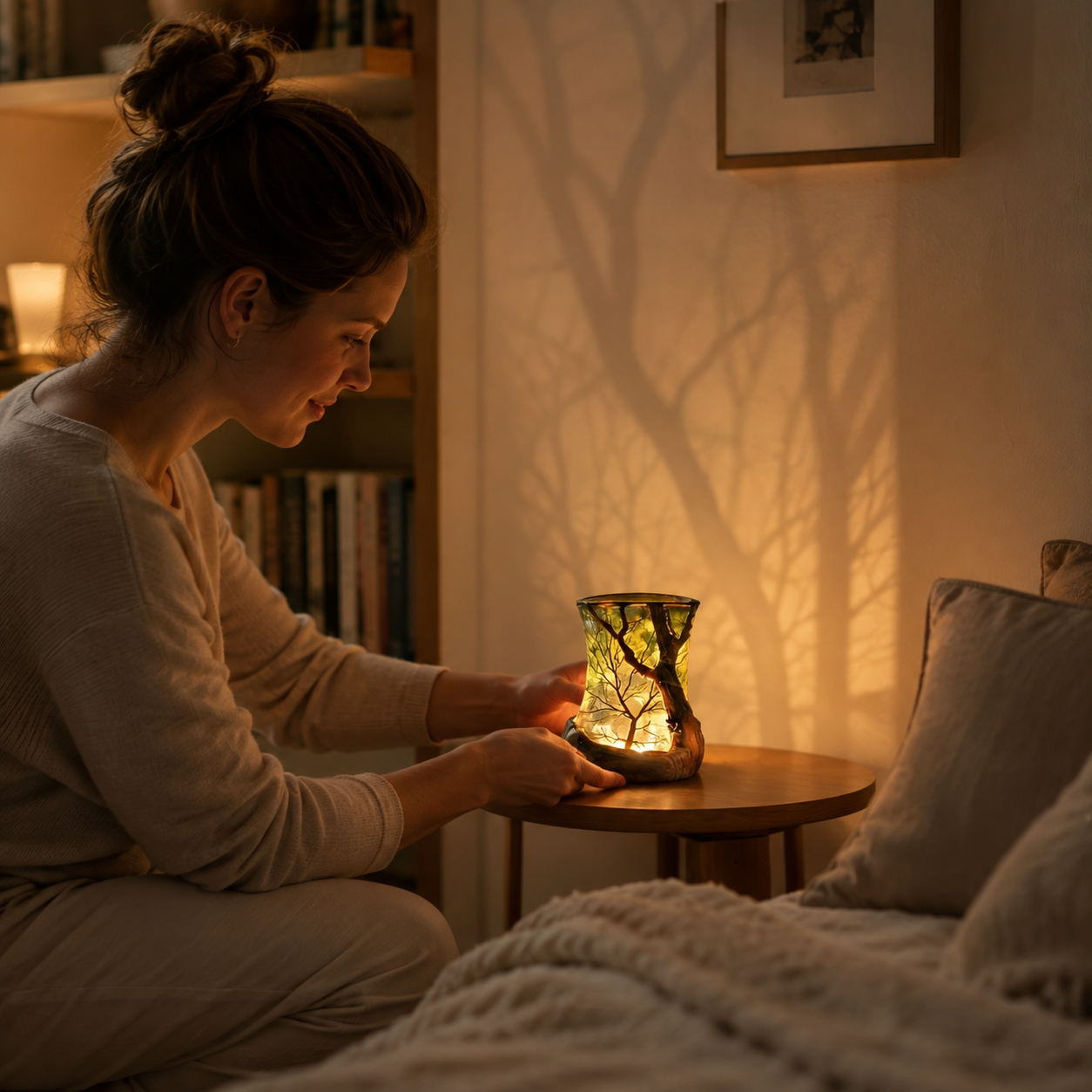 Nachtlicht Kerzenschein-Effekt aus Glas und Harz | Wald-Schattenprojektion Warmweiß | Batteriebetrieben ohne Kabel