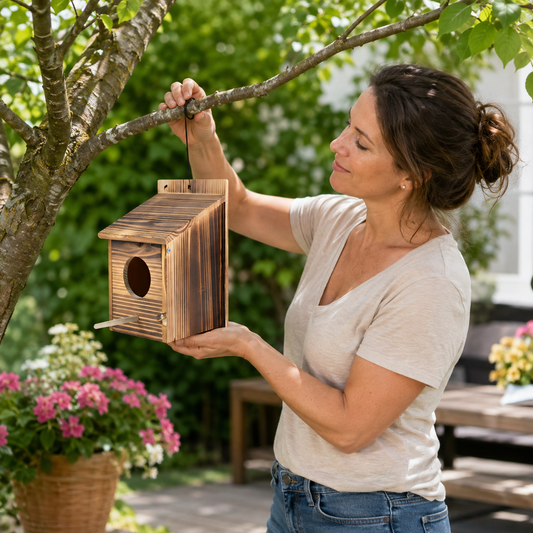 Vogelhaus Minimalistisch aus Naturholz 20 x 20 x 20 cm | Warmbraun Boxform | Für Innen und Außen Ohne Montage Nötig