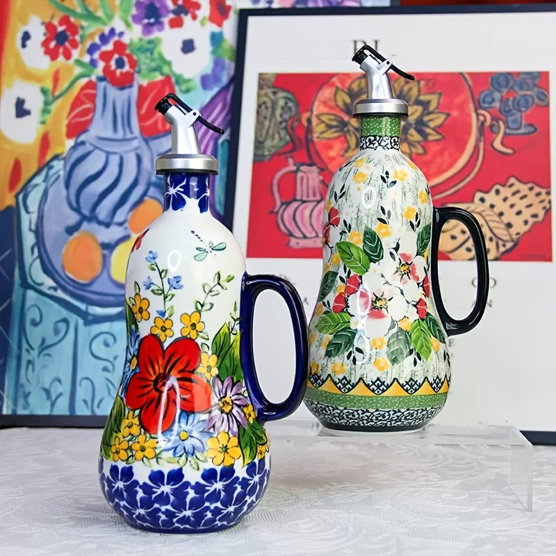Handgefertigter Keramik-Ölspender mit Pumpengriff und Blumenmuster – 24x10 cm Küchenaccessoire für Olivenöl und Essig