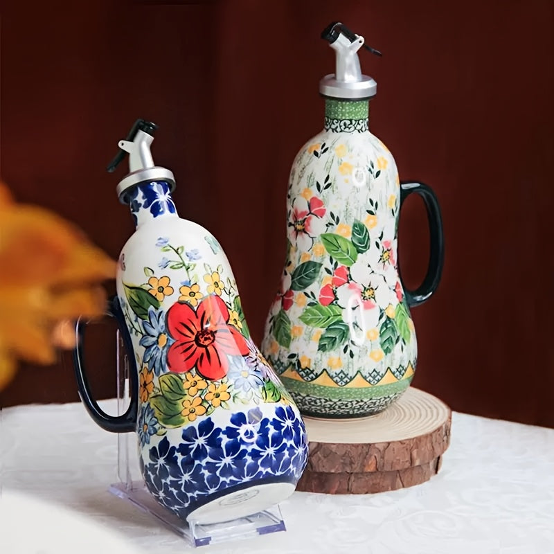 Handgefertigter Keramik-Ölspender mit Pumpengriff und Blumenmuster – 24x10 cm Küchenaccessoire für Olivenöl und Essig