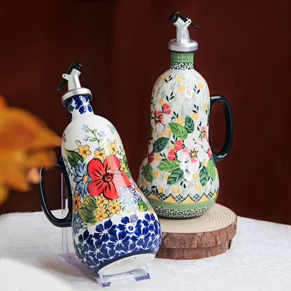 Handgefertigter Keramik-Ölspender mit Pumpengriff und Blumenmuster – 24x10 cm Küchenaccessoire für Olivenöl und Essig