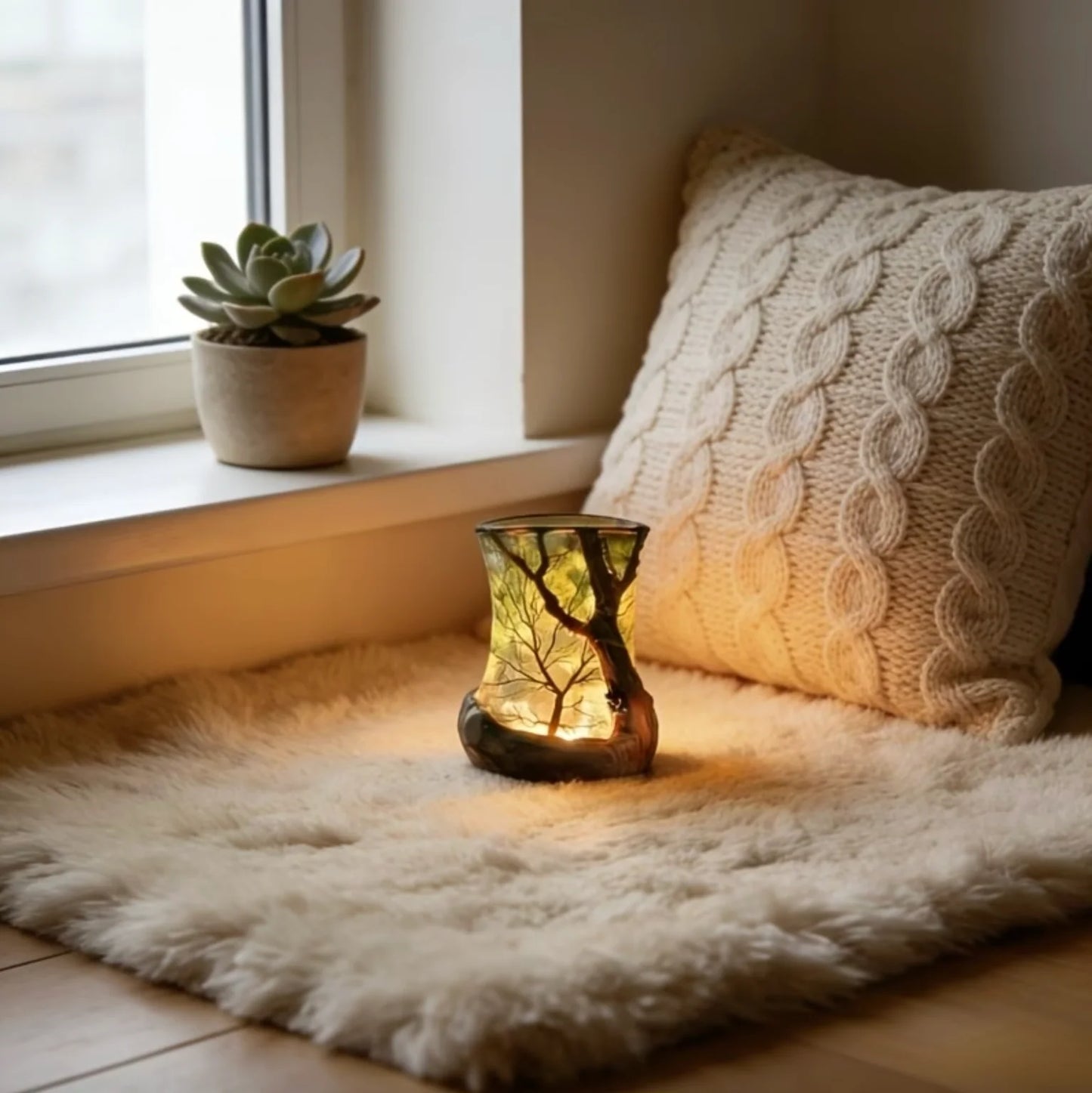 Nachtlicht Kerzenschein-Effekt aus Glas und Harz | Wald-Schattenprojektion Warmweiß | Batteriebetrieben ohne Kabel