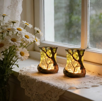 Nachtlicht Kerzenschein-Effekt aus Glas und Harz | Wald-Schattenprojektion Warmweiß | Batteriebetrieben ohne Kabel