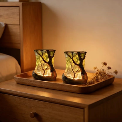 Nachtlicht Kerzenschein-Effekt aus Glas und Harz | Wald-Schattenprojektion Warmweiß | Batteriebetrieben ohne Kabel